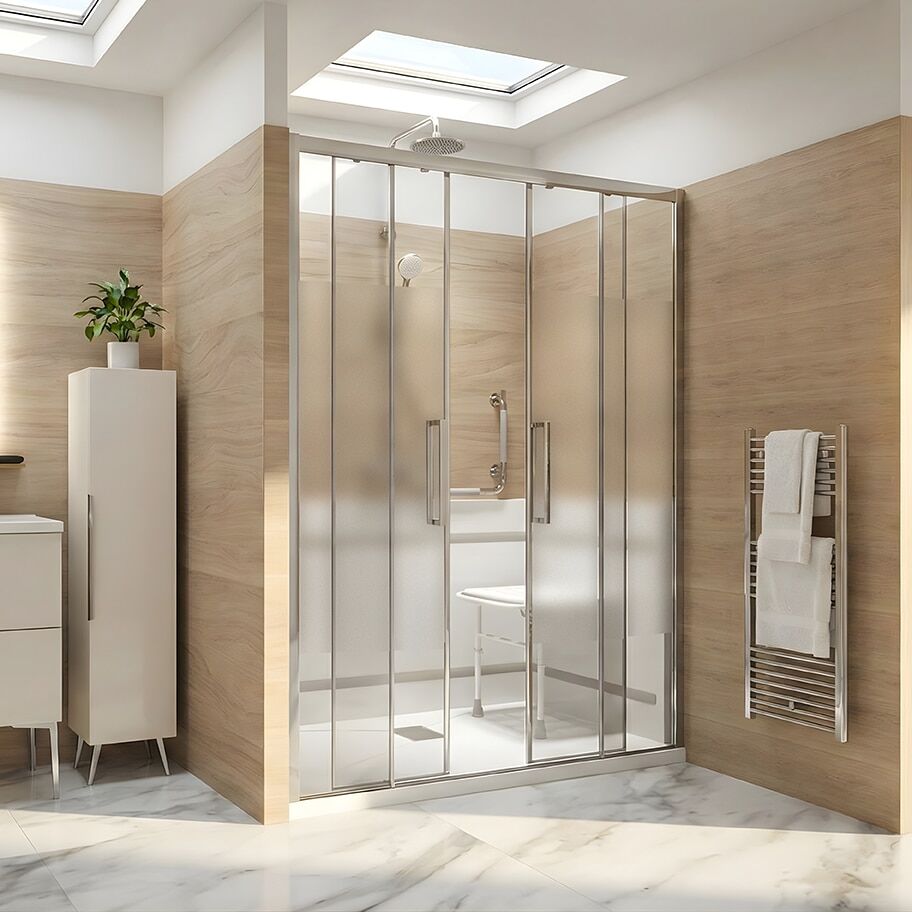 Douche senior sécurisée pour niche avec porte double coulissante Milea