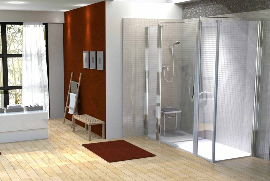 Salle de bain senior avec douche équipée de barre