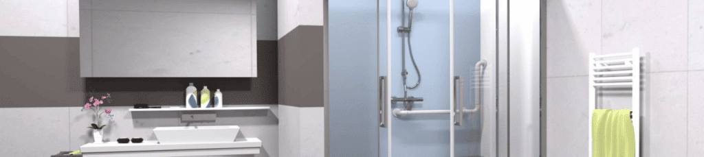 Douche senior Milea Prima Vital installée en niche avec portes coulissantes — vue d'ensemble