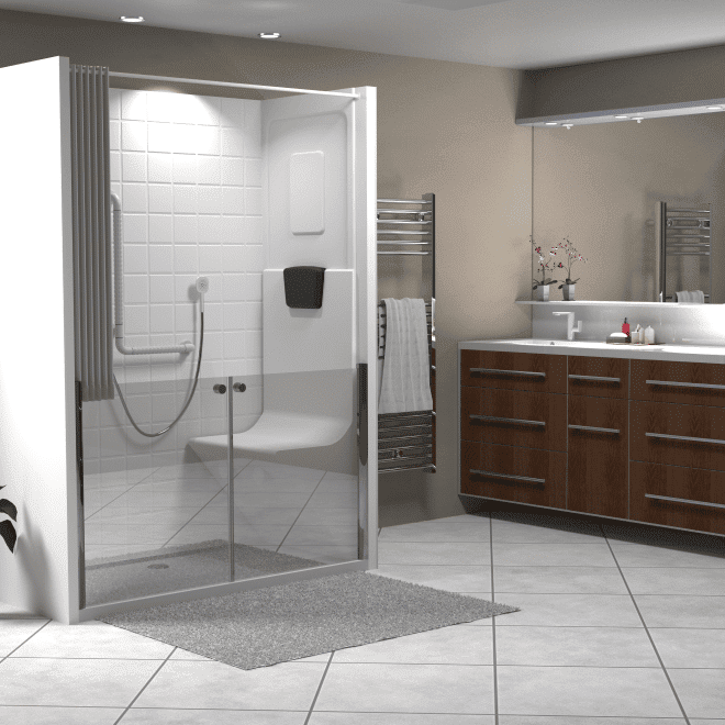 Cabine de douche blanche demi portes pour personne âgée